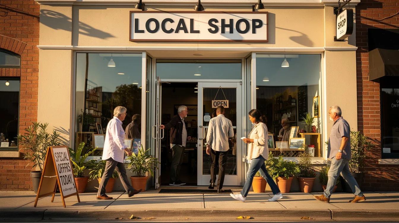 The image depicts a vibrant small business storefront with customers entering on a sunny day, illustrating the lively atmosphere of local commerce. This scene highlights the importance of local marketing strategies for small businesses to attract more customers and enhance their social media presence.