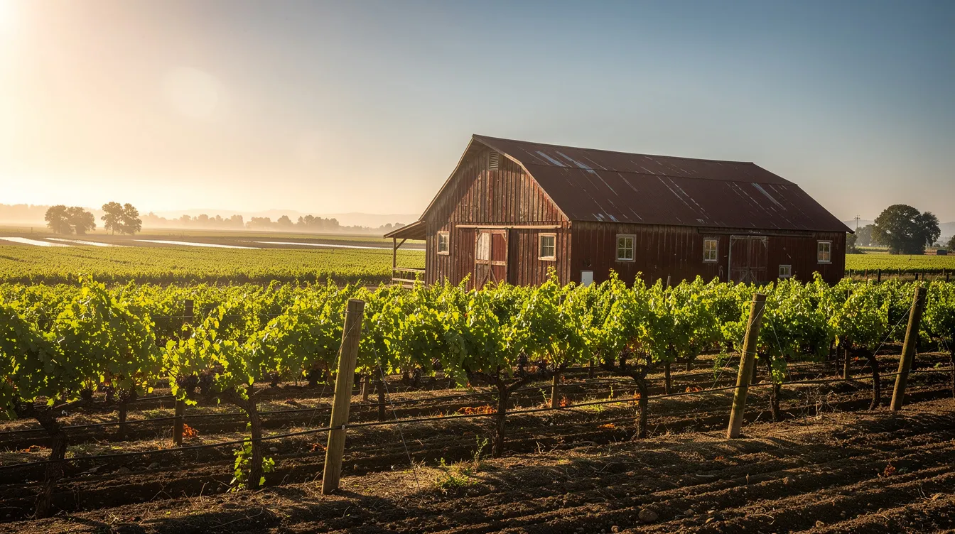 A rustic wooden barn is nestled among rows of lush vineyards, bathed in warm golden light during a California afternoon in the Sacramento River Delta. This picturesque scene highlights the beauty of Clarksburg wine country, where visitors can enjoy exceptional varietals like Chenin Blanc and Petite Sirah.