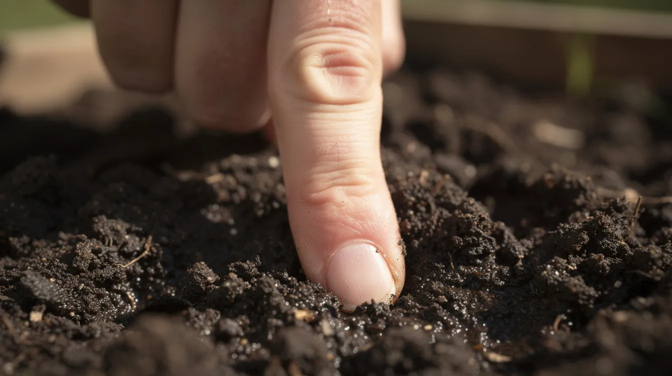 Eine Nahaufnahme zeigt eine Hand, die mit dem Finger die Feuchtigkeit der Erde prüft, um den optimalen Zustand für die Pflege von Zimmerpflanzen wie dem Ficus benjamina oder Ficus elastica zu gewährleisten. Die Erde ist leicht feucht und es sind kleine Erdkrümel sichtbar, die auf eine gesunde Bodenstruktur hinweisen.