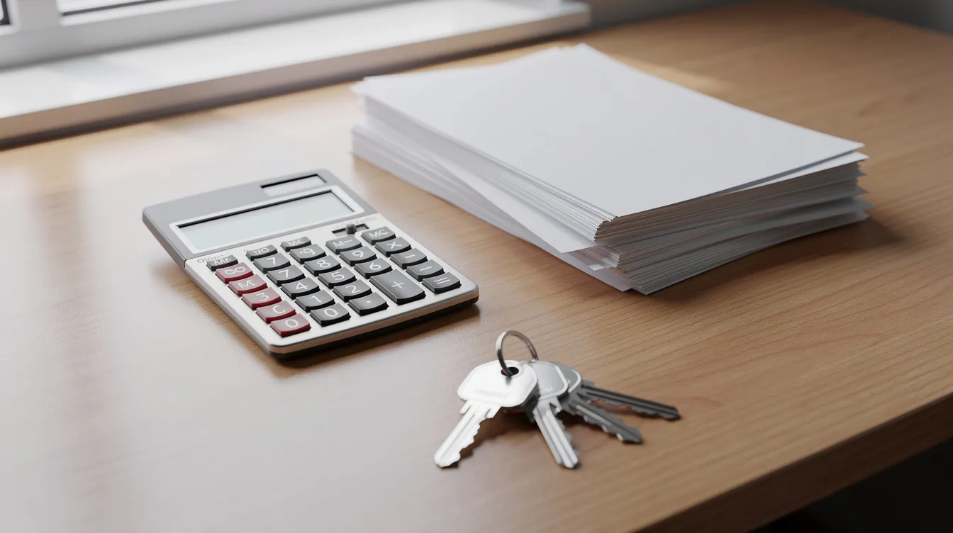 The image shows a desktop cluttered with a computer, scattered documents, and a set of keys, creating a busy workspace atmosphere. This setup might be used for financial tasks such as applying for a loan or managing property documents related to "樓宇 按" and "按 揭 貸款."