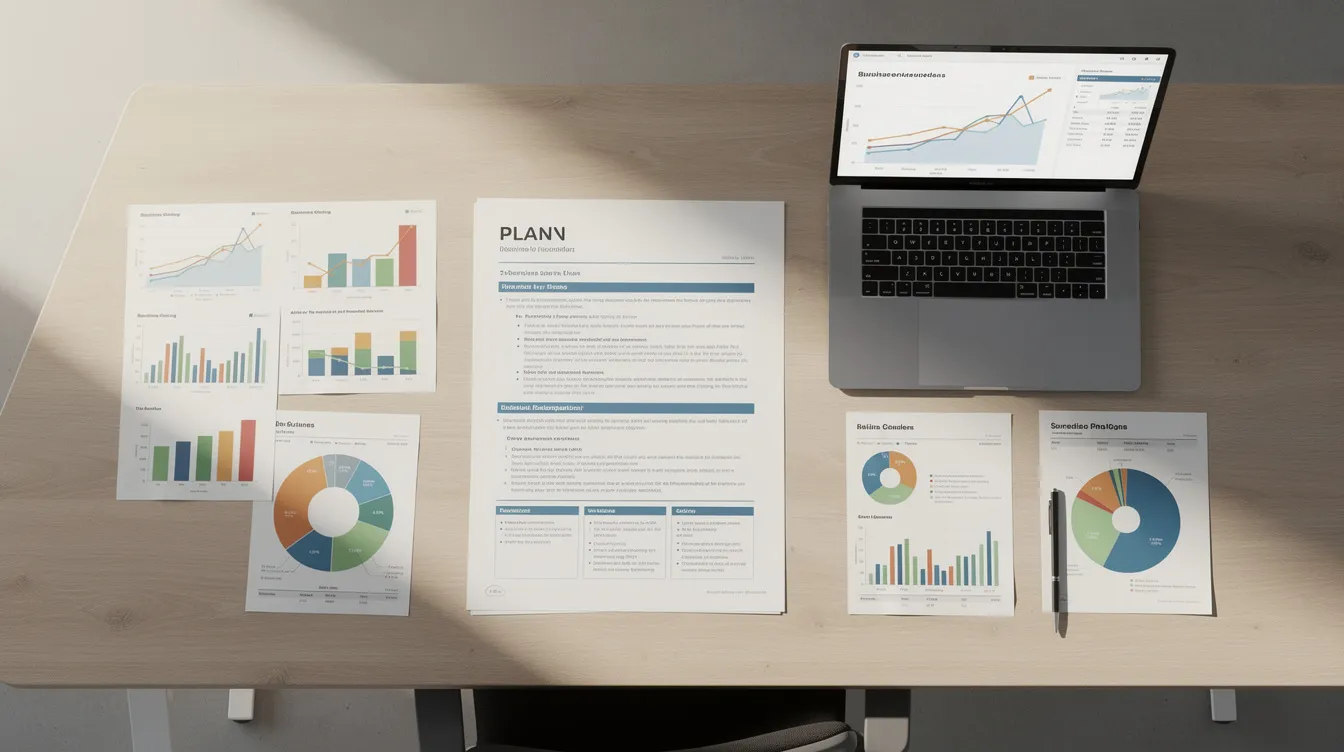 The image features a desk cluttered with a comprehensive business plan document, various financial charts, and a laptop that displays revenue projections, highlighting the essential elements for e2 visa applicants seeking to establish a bona fide enterprise in the United States. This setup illustrates the significant financial commitments and operational strategies required for a successful investor visa application.