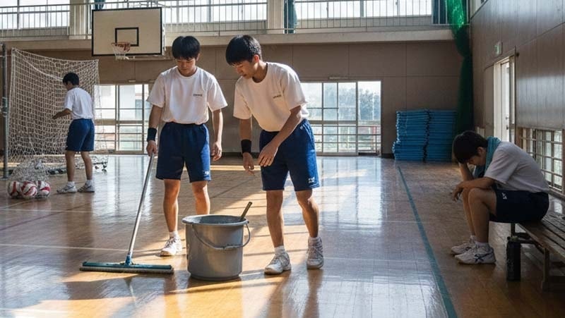 School kids cleaning up after gym class