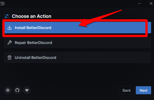 Picture showing the Install BetterDiscord button