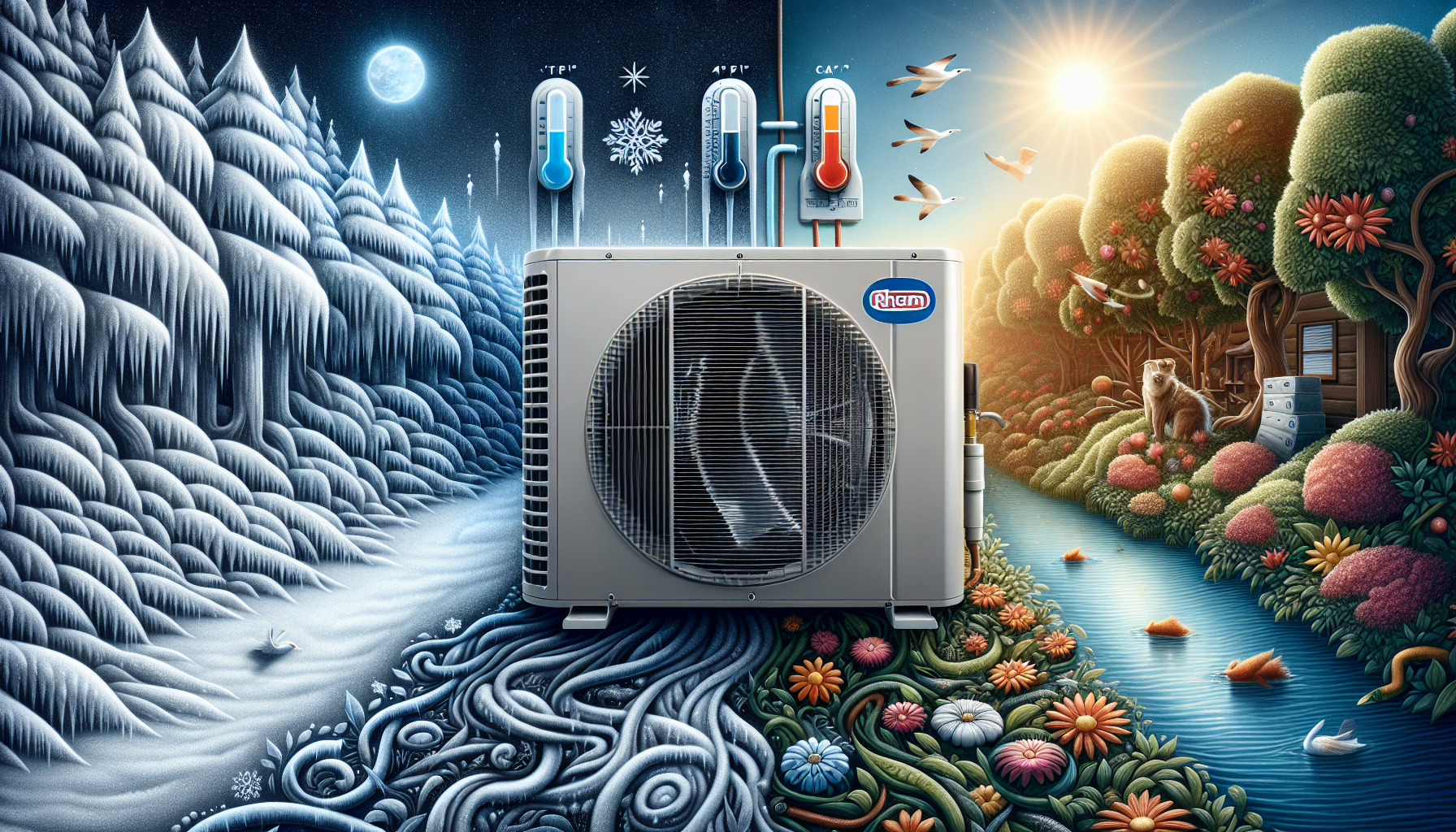 Illustration of the Rheem Ambipower heat pump performing in various climates.