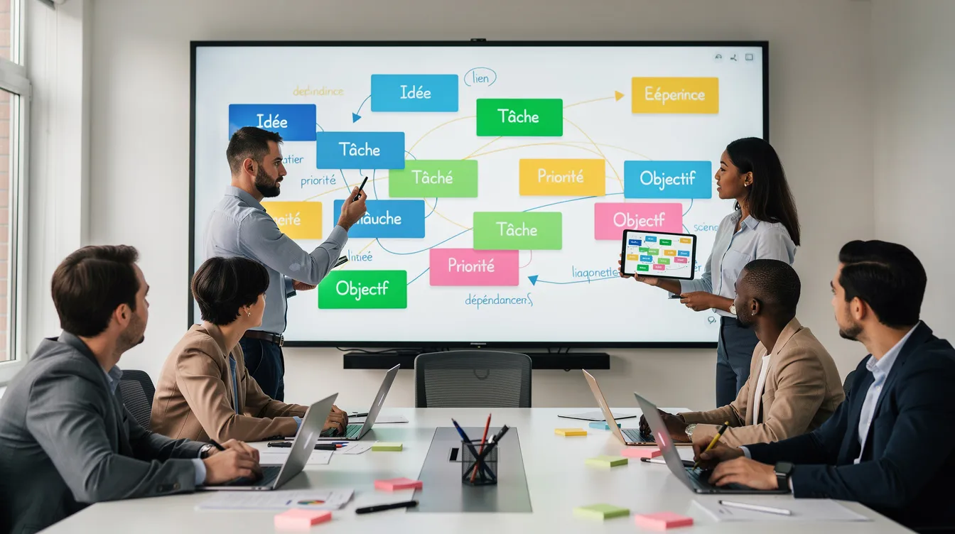 Une équipe de travail est réunie autour d'un grand tableau visuel interactif, où des cartes colorées sont disposées avec des liens entre les idées, illustrant la collaboration générative et l'intelligence collective. Les membres échangent des idées et prennent des décisions, mettant en avant la puissance créative de l'intelligence dans leur processus de travail.
