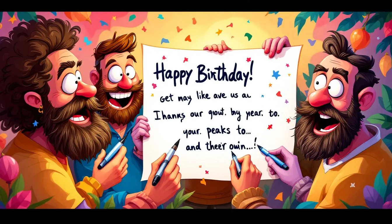 A group of friends signing a funny birthday email card together.