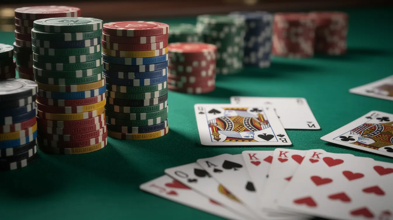 The image features a vibrant green felt casino table adorned with a neat stack of colorful casino chips alongside a spread of playing cards. This scene evokes the excitement of casino games, often found in non gamstop casinos, where players engage in thrilling gambling experiences.
