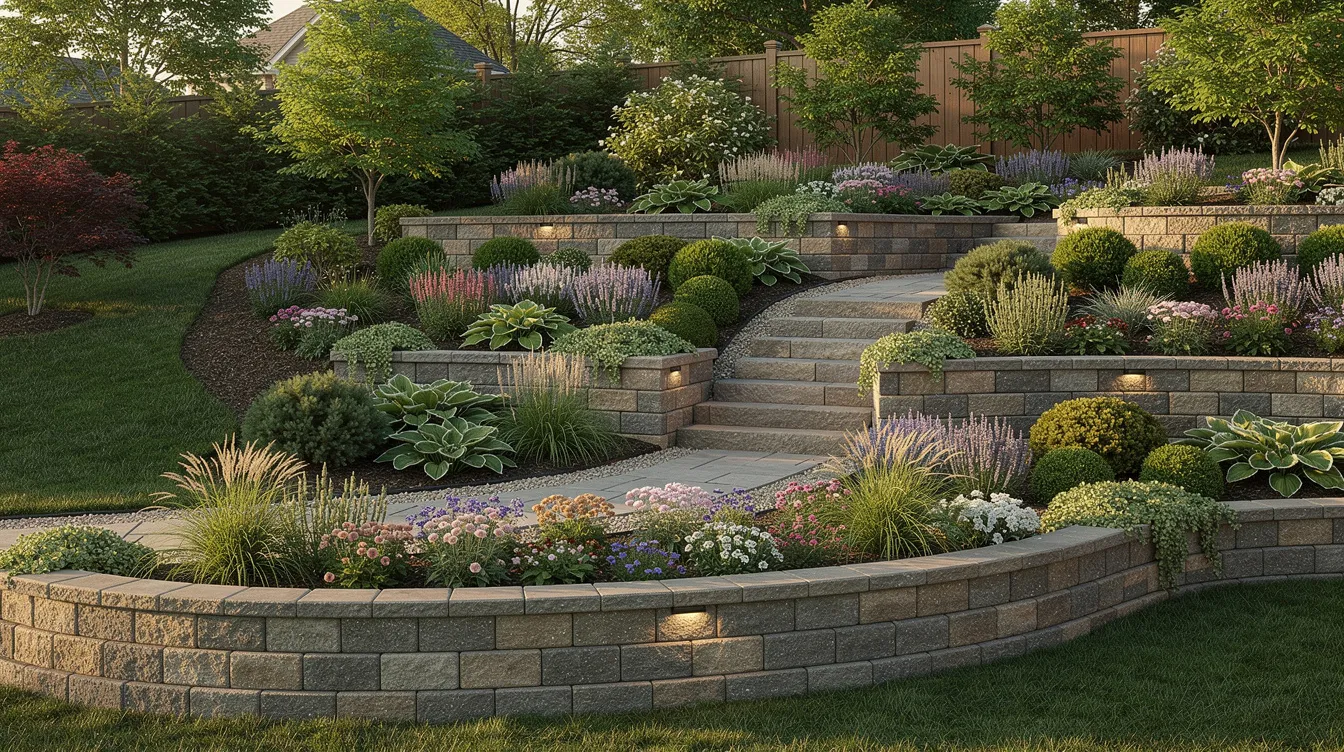 The image showcases a terraced backyard garden featuring stacked stone retaining walls that create distinct levels for various mixed plantings, enhancing the outdoor space's visual interest. This landscape design incorporates different plants and flower beds, providing a beautiful and inviting atmosphere for homeowners.