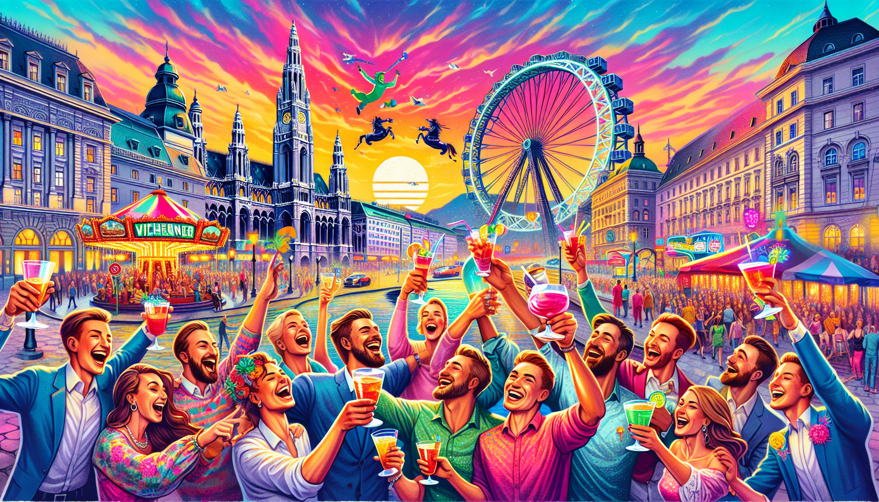 A vibrant illustration of a stag party in Vienna, showcasing the lively atmosphere and iconic landmarks.