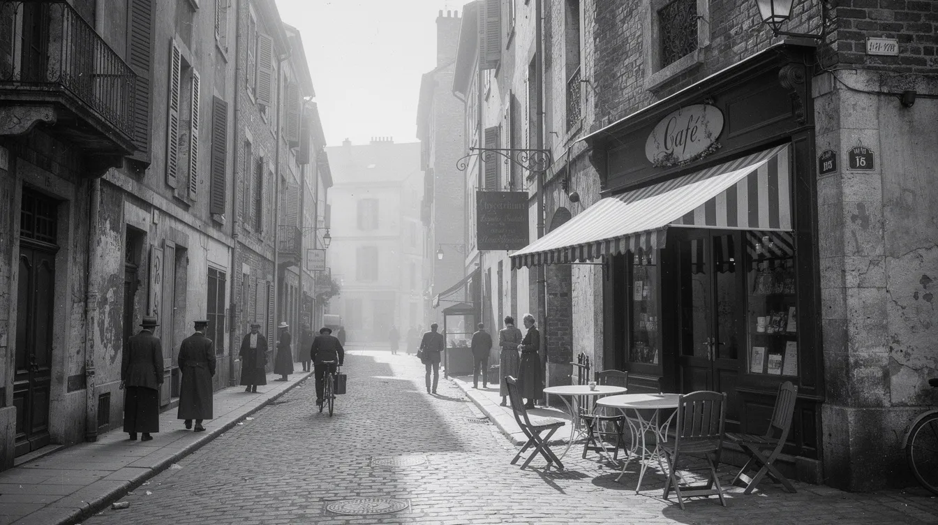 Die Schwarz-Weiß-Darstellung zeigt eine historische europäische Straßenszene mit alten Gebäuden und einem kleinen Café an einer Ecke. Diese Atmosphäre erinnert an die Dada-Bewegung, die mit ihren Künstlern wie Marcel Duchamp und Hans Arp die Konventionen der Kunst in Frage stellte.