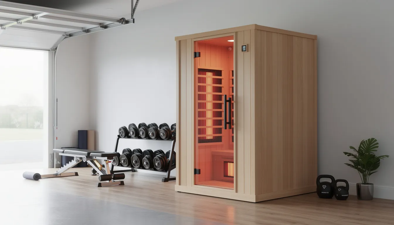 The image features a modern infrared sauna cabin with a natural wood finish, situated in a clean home gym or garage space, emphasizing wellness and relaxation. This setup promotes health benefits such as muscle recovery, detoxification sweat, and increased blood flow, making it an ideal addition for practicing yoga and enhancing overall well-being.