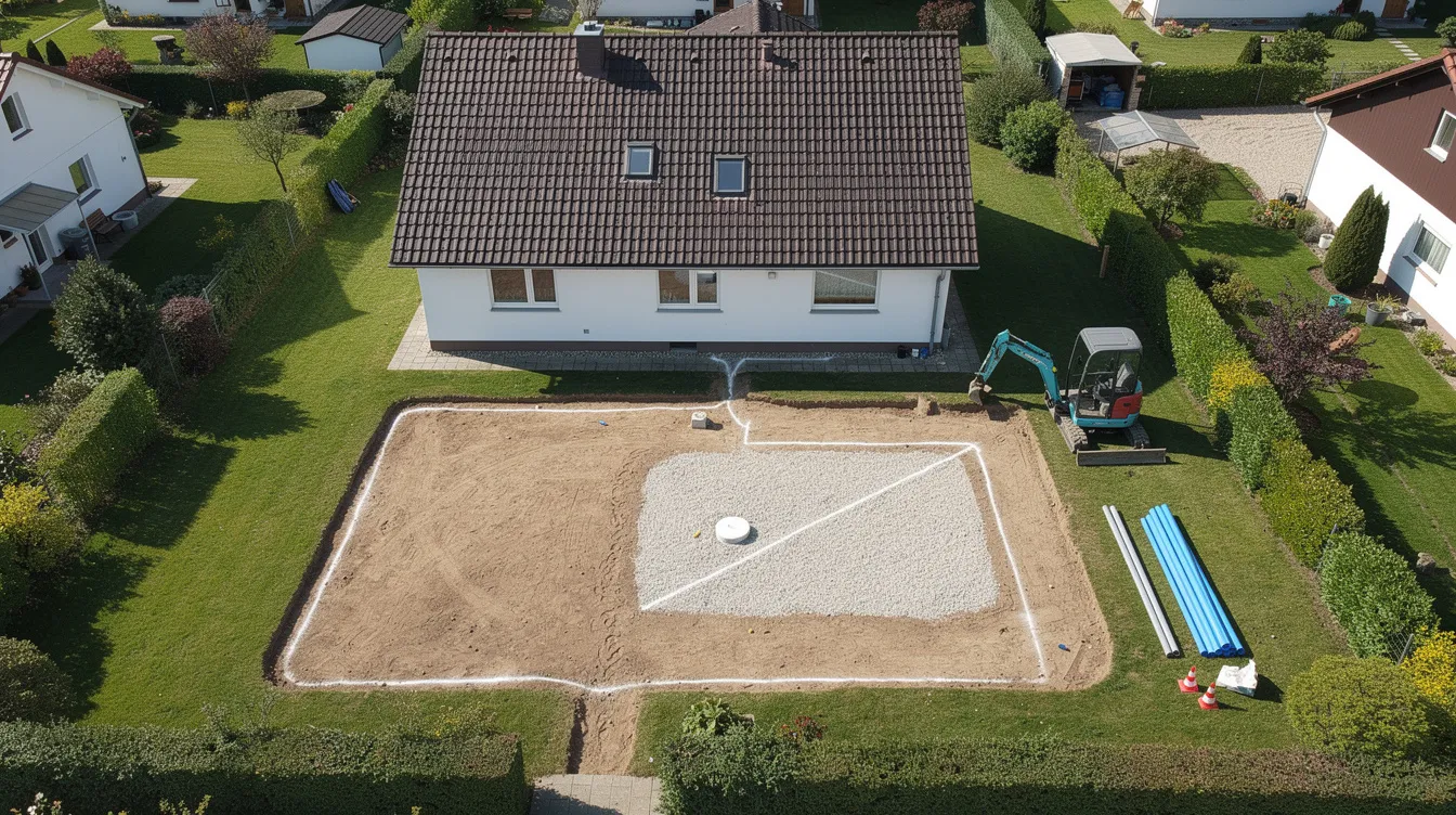 Une vue aérienne montre une maison individuelle entourée d'un jardin, avec une zone de terrain préparée pour l'installation d'un dispositif d'assainissement non collectif, comme une micro station d'épuration, soulignant l'importance de la conformité aux normes d'assainissement et de protection des nappes phréatiques.