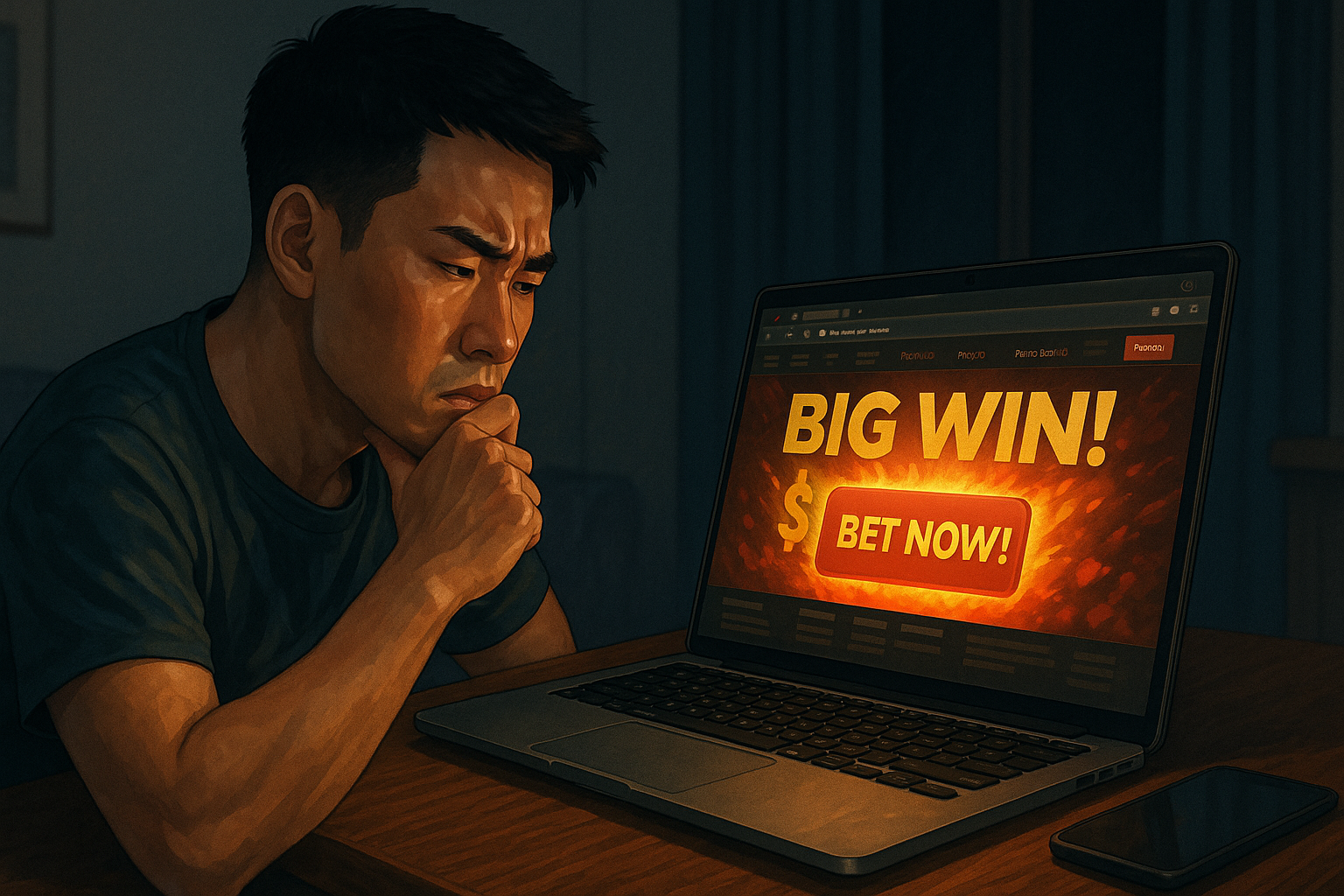Semi-realistic digital illustration of a Southeast Asian man looking at a laptop with warning signs and red alert symbols floating around, representing scam detection with InsightsBet before a weekend betting session.