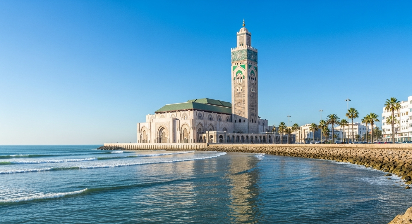 The Hassan II Mosque in Casablanca, Morocco, standing beside the Atlantic Ocean under a clear blue sky, with gentle waves, palm trees, and modern city buildings along the Corniche promenade.