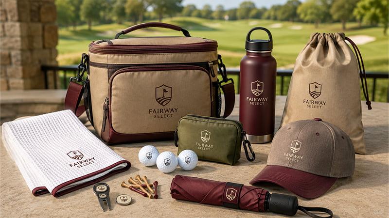 Golf tournament giveaway set with cooler bag, drawstring bag, towel, cap, bottle, umbrella, golf balls, tees, and divot tools