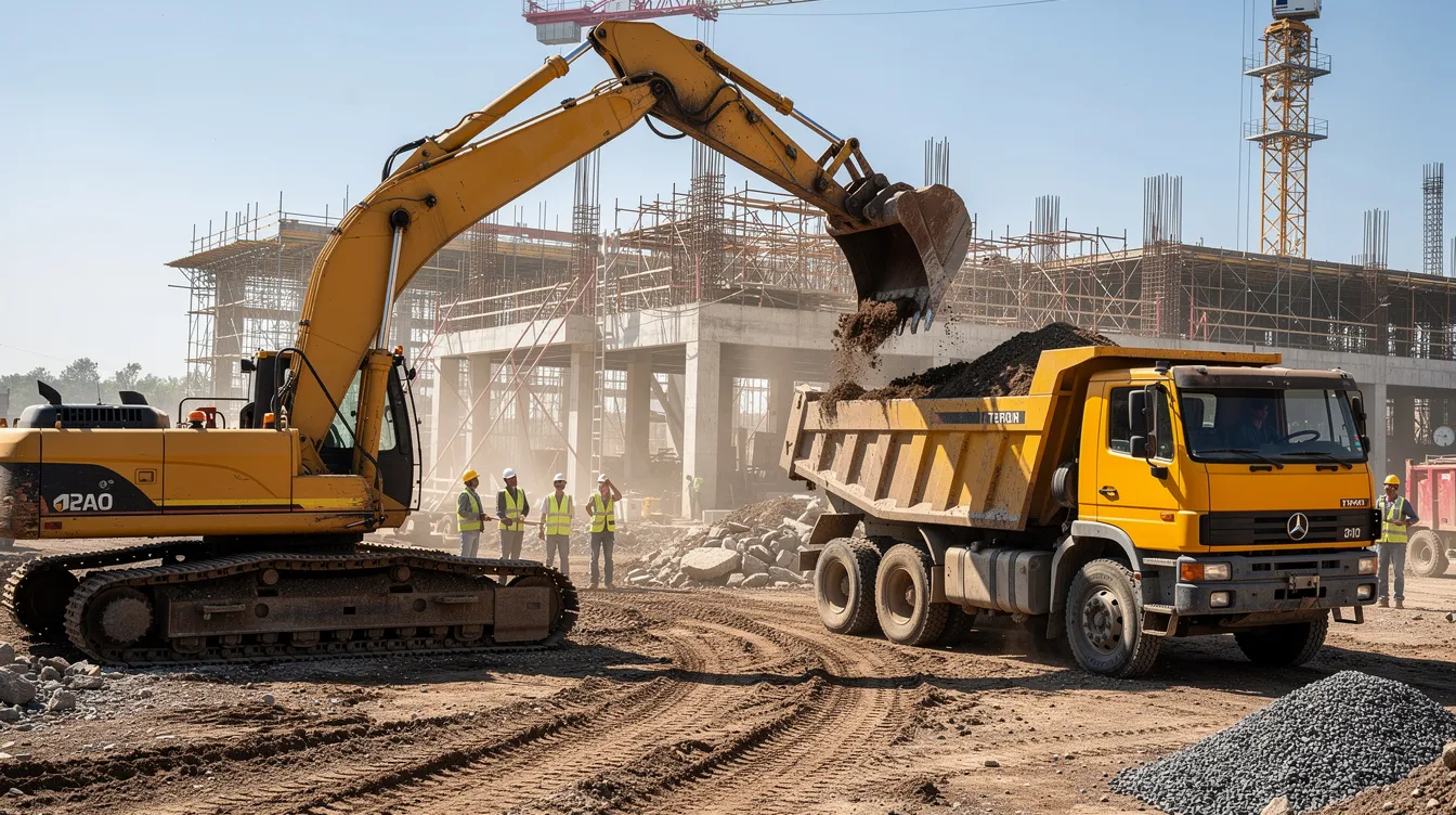 The image shows a bustling construction site with heavy equipment, including an excavator and a dump truck, actively working alongside construction workers. The scene highlights the importance of occupational safety, as workers are equipped with personal protective equipment to mitigate the risk of construction site accidents and serious injuries.
