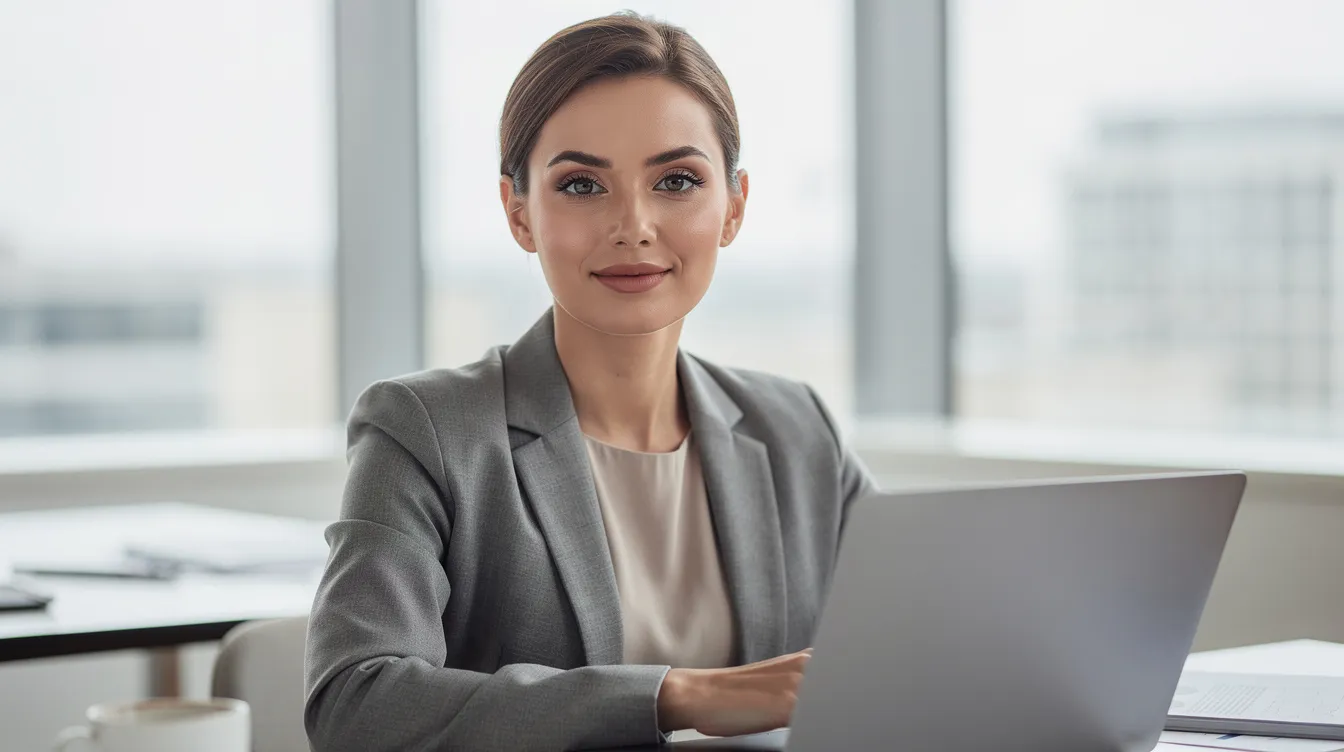 Uma mulher está em um ambiente de trabalho, usando lentes de contato que proporcionam um visual natural. Seus olhos expressam confiança, e as lentes realçam sua aparência sem alterar sua cor original.