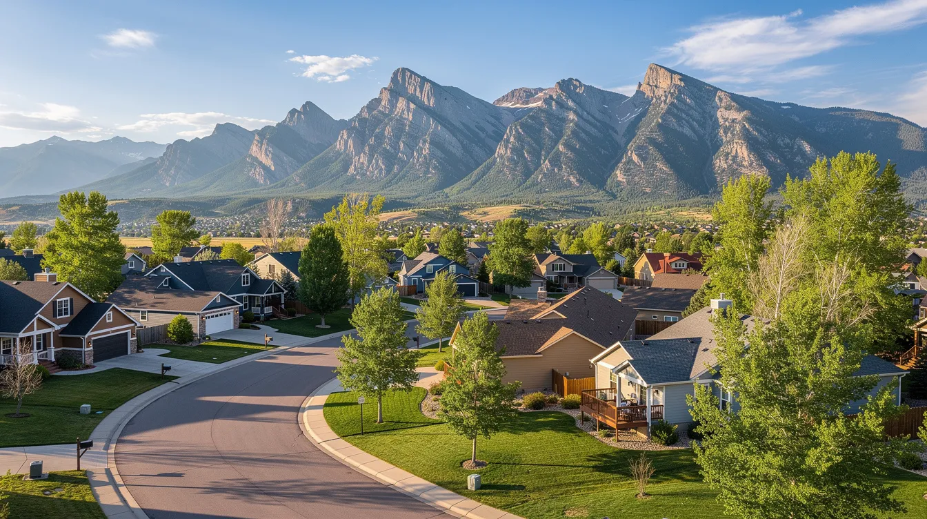 An aerial view captures a suburban neighborhood in the Colorado Front Range, with single-family homes nestled among lush greenery and the majestic mountains in the background. This picturesque setting is ideal for Colorado investors looking for investment properties that can provide rental income and positive cash flow.