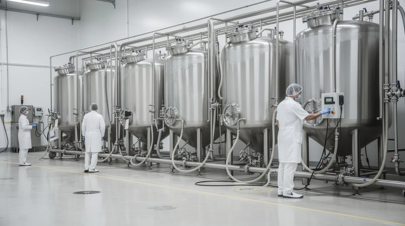 5f321531 1c80 4ad3 bca9 b1090d4c8362 The image depicts the interior of a modern dairy processing facility, showcasing stainless steel tanks and pipes, with workers in white uniforms and hairnets engaged in the manufacturing process of probiotic dairy products. This environment emphasizes the production of fermented milk and the use of probiotic bacteria, highlighting the importance of food science in the dairy industry.