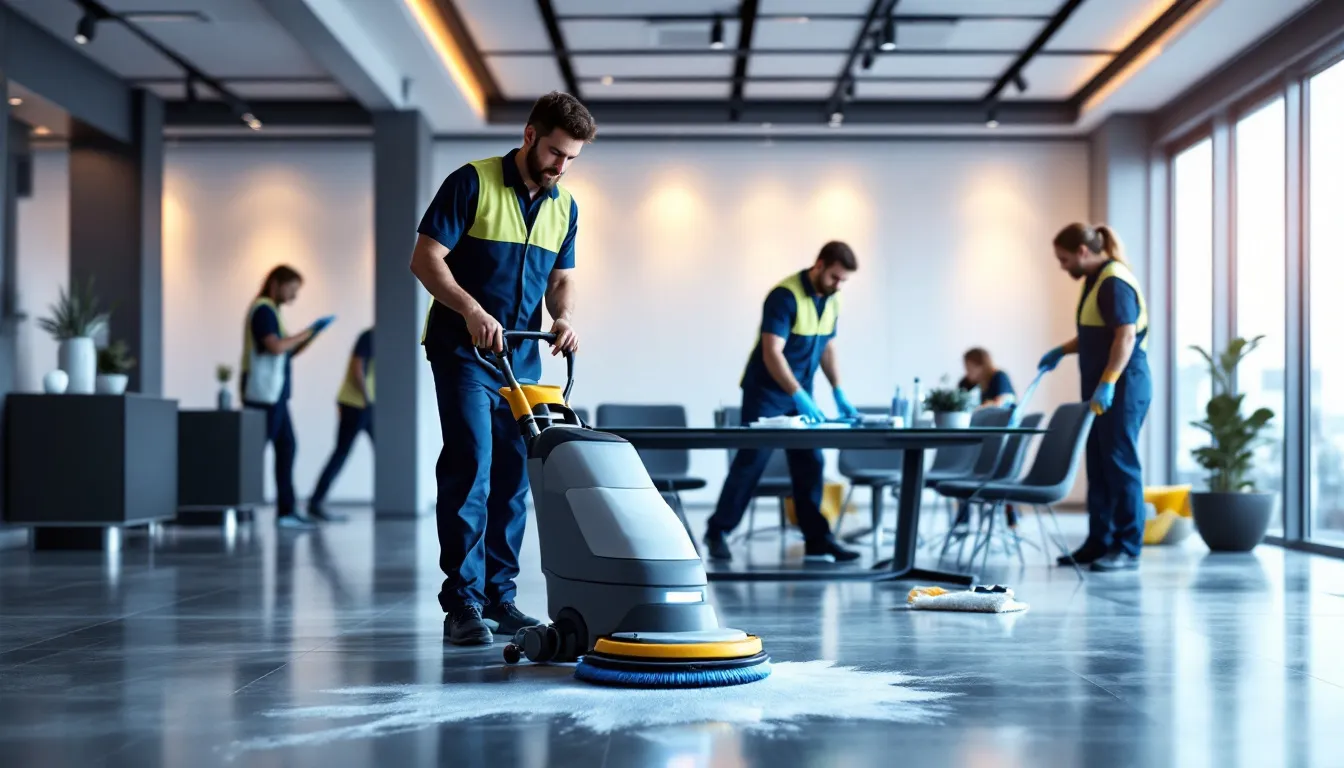 Specialized cleaning services in action with professional cleaners at work.