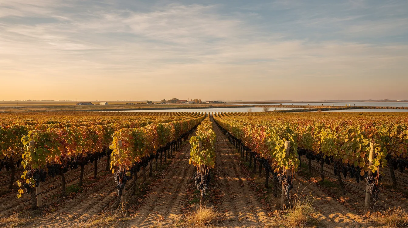 A scenic view of vineyard rows laden with ripe grape clusters stretches across the flat Delta landscape under a warm golden autumn sky, inviting visitors to experience the charm of Clarksburg wine country. This picturesque setting is perfect for wine tastings and enjoying the fertile soils that produce award-winning wines like Chenin Blanc and Chardonnay.