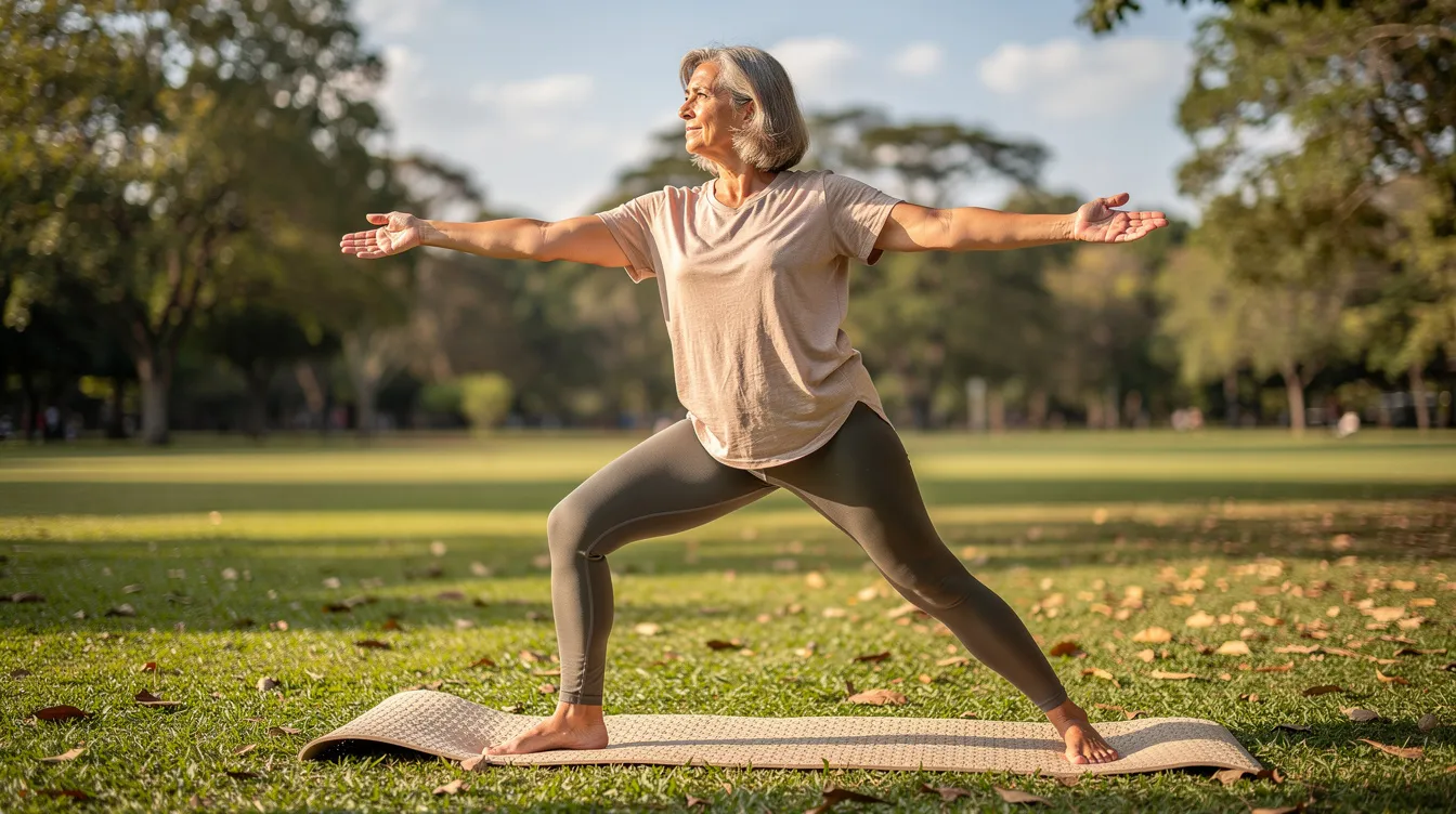 Eine Frau in bequemer Kleidung praktiziert Yoga auf einer Matte im Freien, umgeben von Natur. Diese entspannende Szene fördert nicht nur die körperliche Gesundheit, sondern auch das Wohlbefinden im Intimbereich und die Intimhygiene.