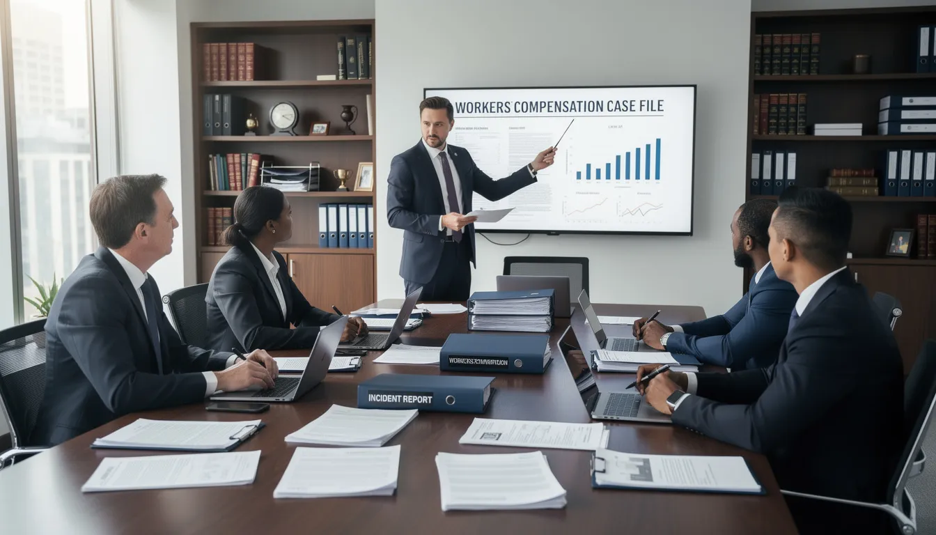 A legal team is gathered around a table, reviewing workers compensation case files, highlighting their commitment to assisting injured workers in navigating personal injury claims and securing fair compensation. The atmosphere is focused, reflecting the complexity of workers compensation laws and the importance of legal representation in cases involving workplace injuries and motor vehicle accidents.