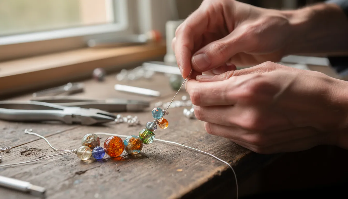 A close-up image shows hands skillfully crafting handmade jewelry with colorful beads and silver wire on a wooden workbench, highlighting the intricate details of the jewelry-making process. This scene reflects the dedication of local business owners in the handmade jewelry industry, contributing to their local search visibility and attracting nearby customers.