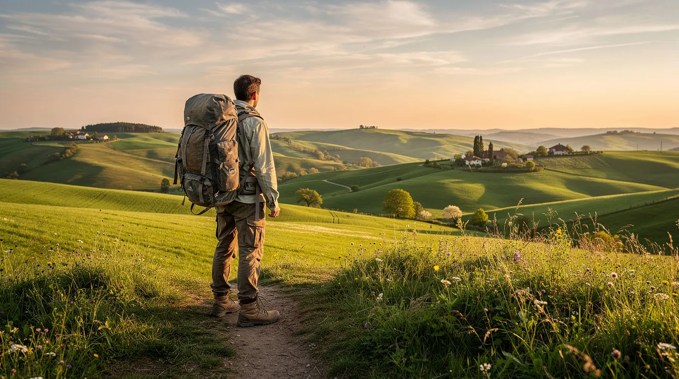 A traveler with a backpack stands at a scenic overlook, gazing at the rolling green hills of the countryside. The image evokes a sense of adventure and exploration, perfect for those considering a visitor visa for their travels.