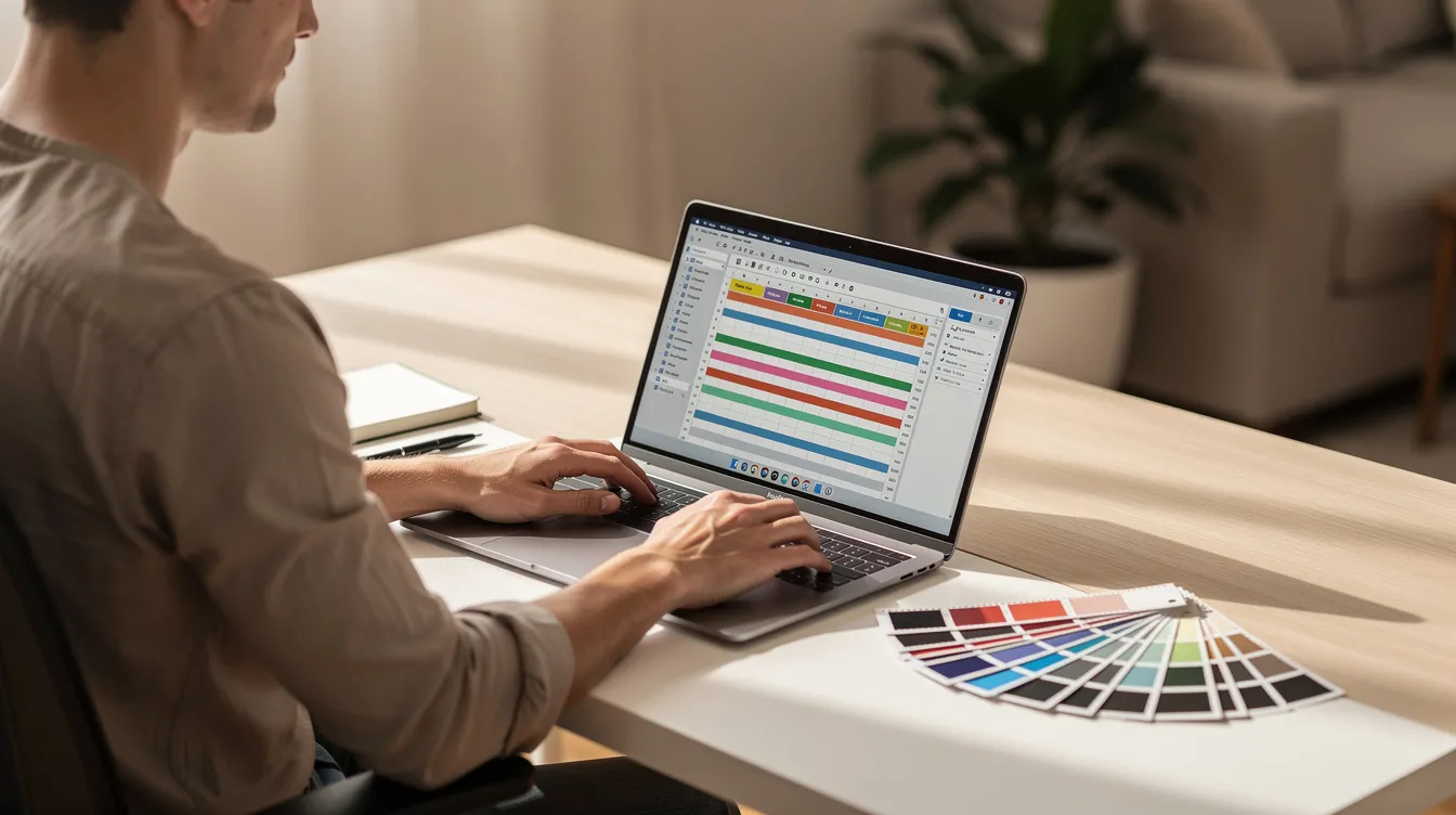 A person is seated at a tidy home office desk, focused on a laptop displaying a project scheduling screen, with colorful film swatches arranged nearby. This setup reflects the efficient work environment that many entrepreneurs in the home improvement industry strive for, highlighting the importance of organization in managing residential and commercial projects.