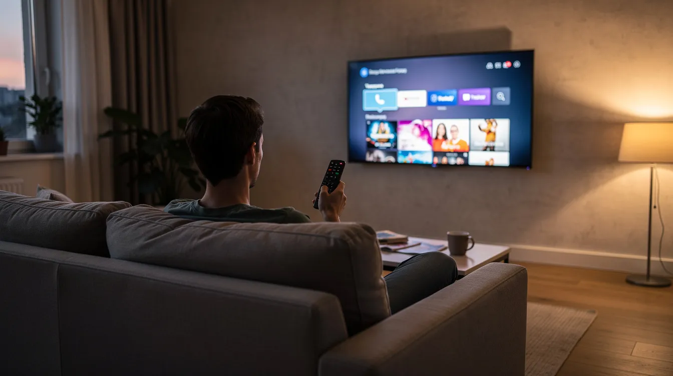 A person is sitting comfortably on a couch, holding a TV remote and aiming it at a large smart TV mounted on the wall of a bright living room. This scene highlights the convenience of internet protocol television (IPTV) services, offering a modern way to enjoy live TV channels and on-demand content in high-quality streaming.