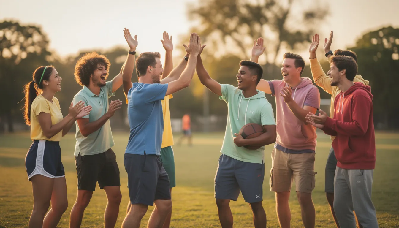 A group of young friends joyfully celebrates outdoors after an exciting game of combat archery, high-fiving each other while holding their bows and foam-tipped arrows. The atmosphere is filled with laughter and teamwork, showcasing the fun and fast-paced nature of this thrilling sport.