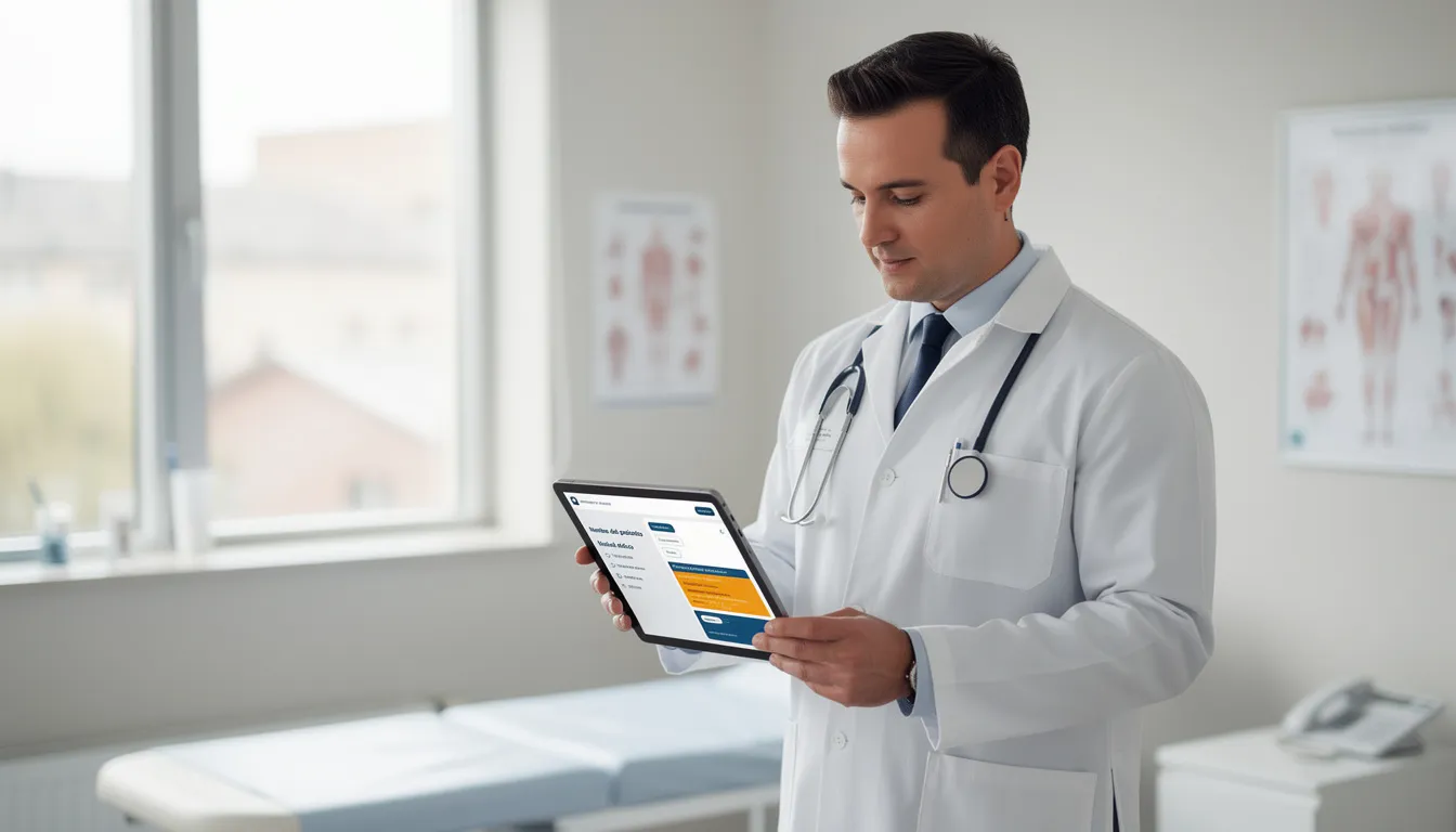 Un profesional médico está revisando información de un paciente en una tableta digital dentro de un consultorio moderno, asegurando la gestión adecuada del expediente clínico y la protección de los datos personales. La atención se centra en garantizar la seguridad y la calidad de los servicios de salud proporcionados.
