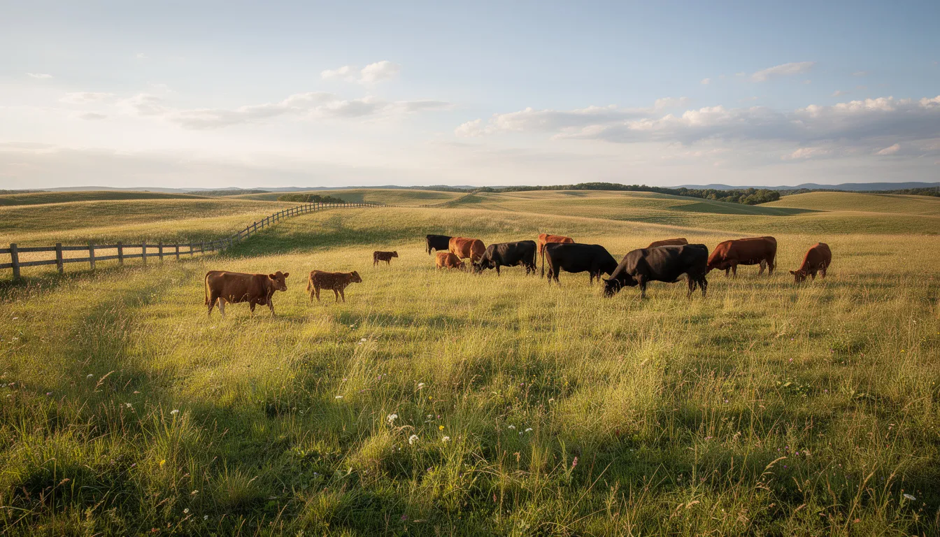 The image depicts a serene pastoral scene with cattle grazing peacefully on expansive green grassland under a clear blue sky. This idyllic setting highlights the natural environment where grass-fed beef is raised, which can be associated with the benefits of using beef tallow for skin health, particularly for those with sensitive or acne-prone skin.