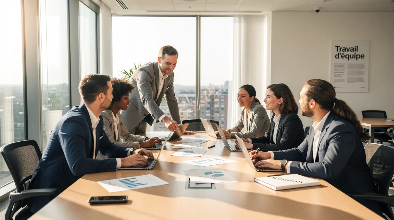 Un manager et son équipe collaborent autour d'une table dans un espace de travail lumineux, échangeant des idées pour améliorer leur bien-être et apprendre à lâcher prise au travail. L'atmosphère est conviviale, favorisant la créativité et la gestion du stress au quotidien.