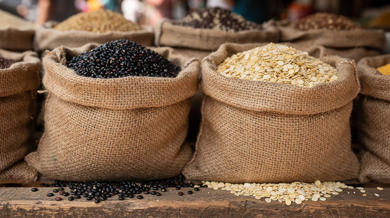 5f4199a2 fa47 445c a661 f3d80e13acb0 The image shows burlap sacks filled with whole and split forms of black gram (urad dal) displayed in a bustling Indian grain market, highlighting the raw material's importance in the food processing industry. This visual emphasizes the significance of urad dal in Indian cuisine and its role in dal mill operations.