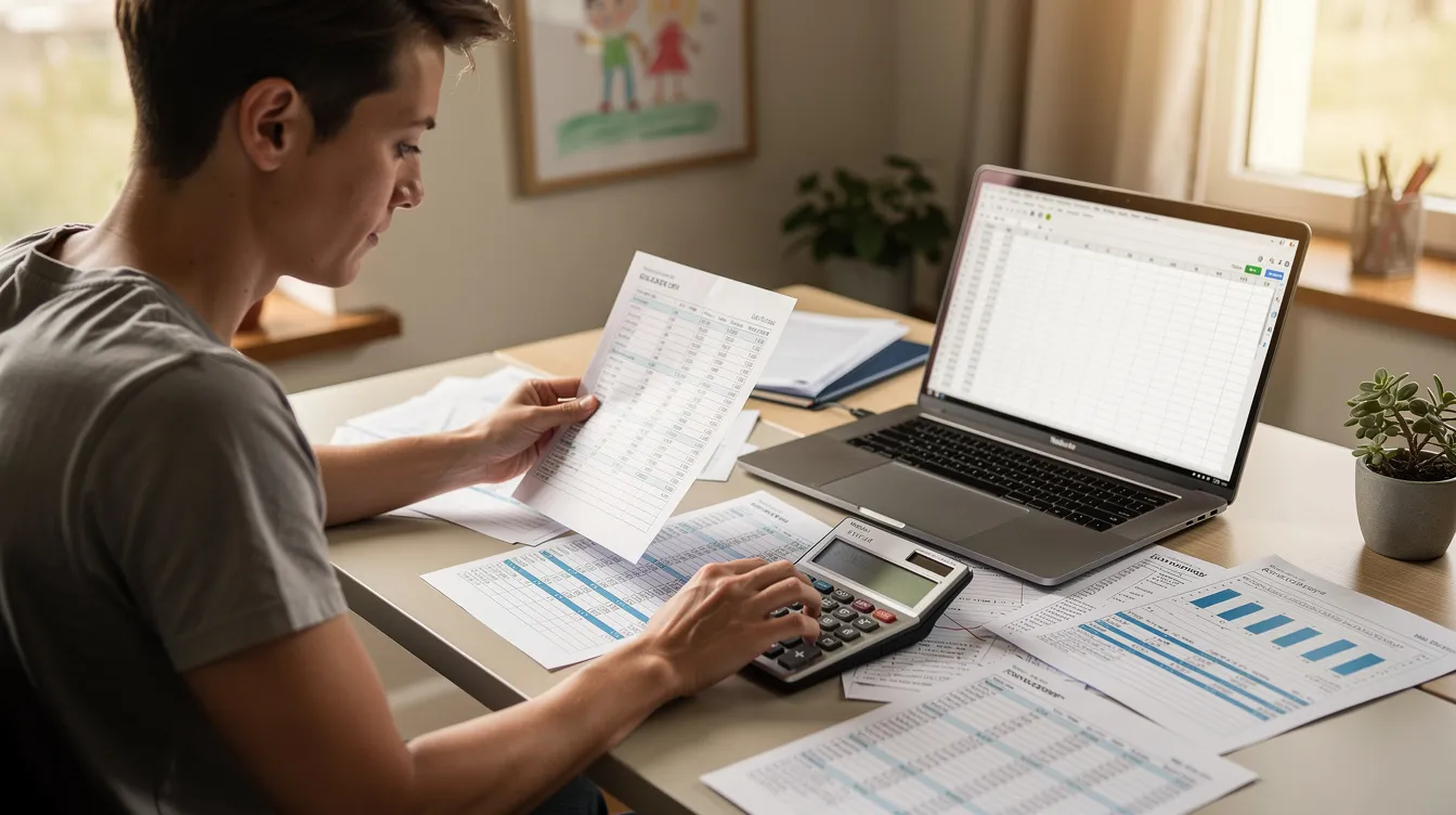 A parent is seated at a desk, reviewing documents and using a calculator while a laptop is open in front of them, likely calculating the monthly repayment amounts for a private loan application. The scene reflects the careful consideration of financial terms such as the actual annual interest rate and loan amounts.