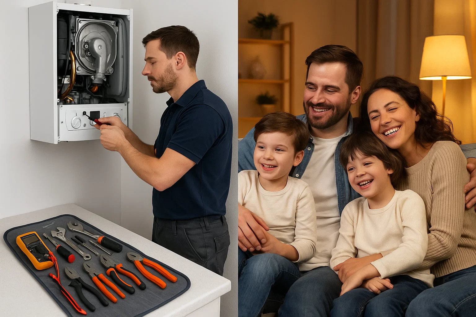 Engineer servicing a boiler with tools, alongside a family enjoying reliable home heating.