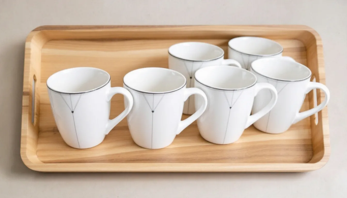 Na drewnianej tacy znajduje się zestaw sześciu eleganckich kubków ceramicznych w jednolitym stylu, idealnych do serwowania ulubionej kawy lub herbaty. Te estetyczne naczynia doskonale wpisują się w minimalistyczny wystrój wnętrza i są odpowiednie na każdą okazję.