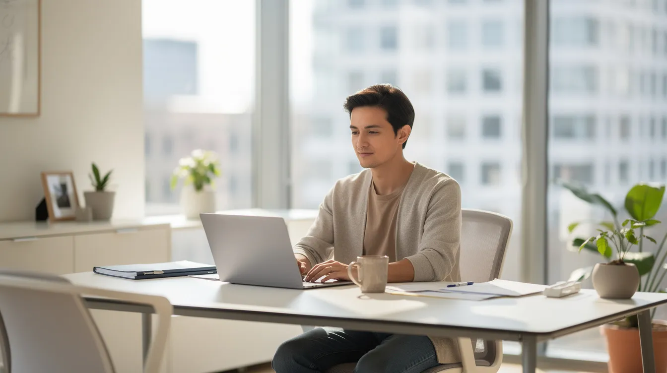 Ein Recruiter sitzt an einem modernen Arbeitsplatz in einem hellen Büro, arbeitet mit einem Laptop und einer Kaffeetasse. Der Raum ist lichtdurchflutet und vermittelt eine angenehme Atmosphäre, die den gesamten Recruiting Prozess unterstützt, während der Recruiter an Bewerbungen und Social Media Kampagnen arbeitet.