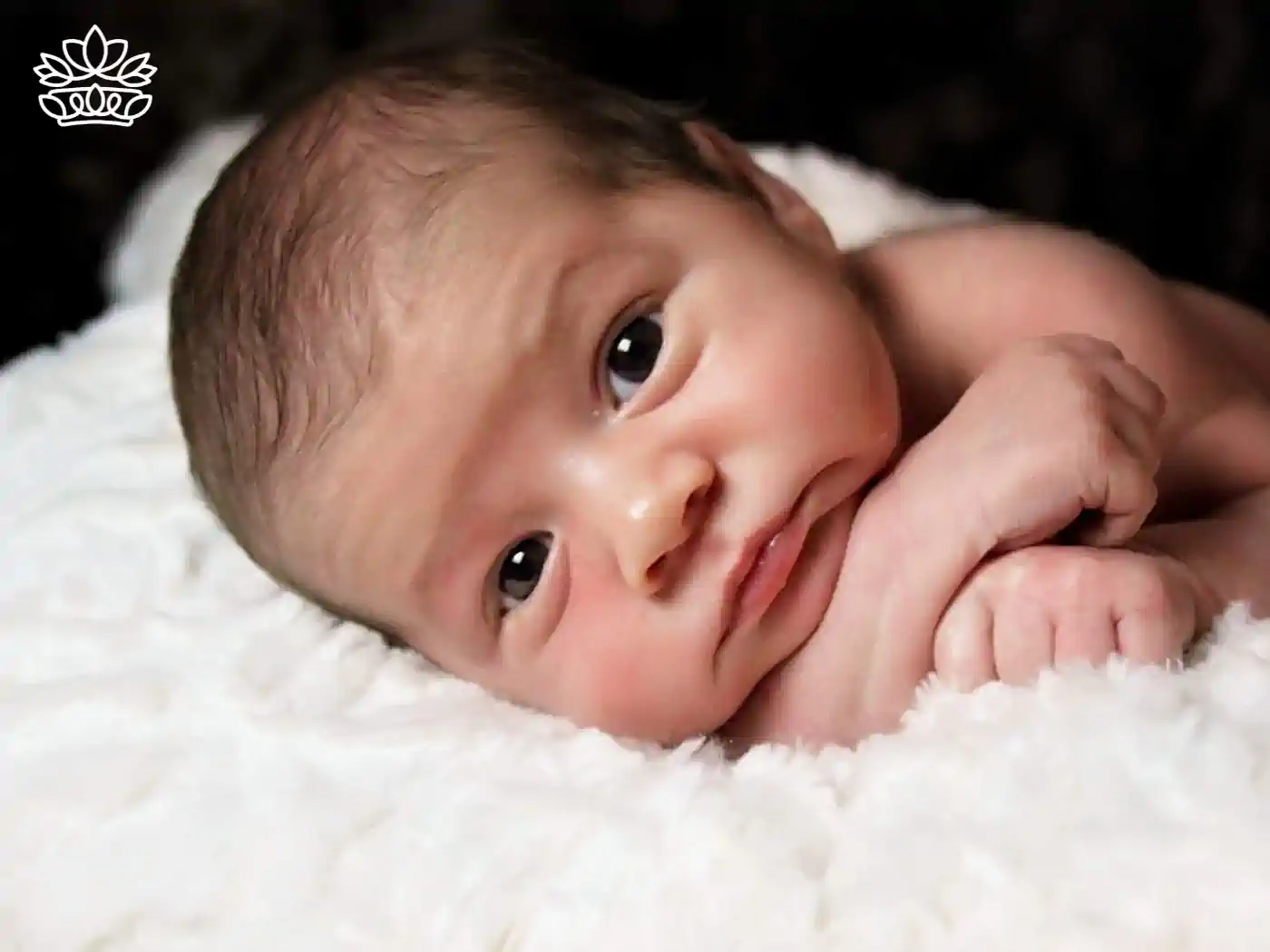 Close-up of a newborn baby lying on a white blanket. Fabulous Flowers and Gifts Newborn Baby collection.