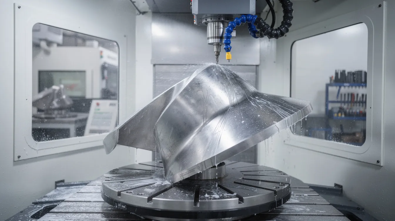 The image depicts a 5-axis CNC machining center actively working on a curved titanium aerospace component, showcasing the rotary trunnion table that allows for multi-axis machining. This modern CNC machine utilizes precision CNC machining techniques to achieve complex shapes and tight tolerances in the manufacturing process.