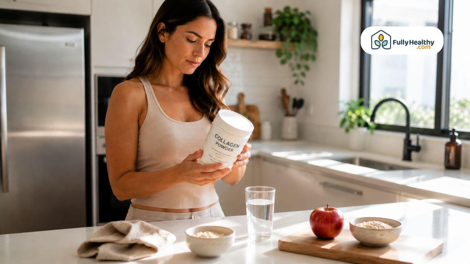 Woman reading collagen powder label beside fiber-rich foods in modern kitchen.