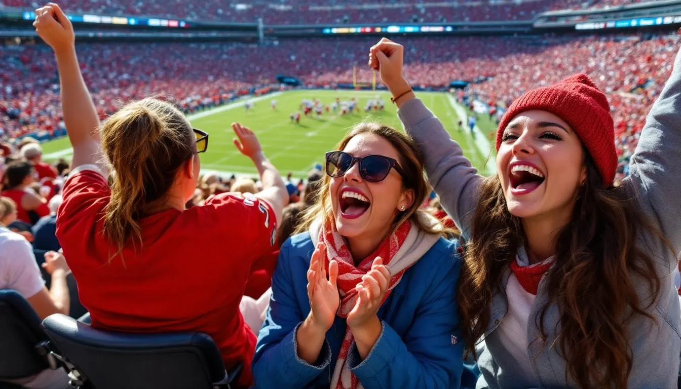 In a vibrant NFL stadium, a group of enthusiastic women cheer for their favorite team, showcasing their love for football and the excitement of the game. Dressed in team colors and holding signs, they embody the spirit of competition and community, celebrating the joy of being part of the fantasy football league with friends.
