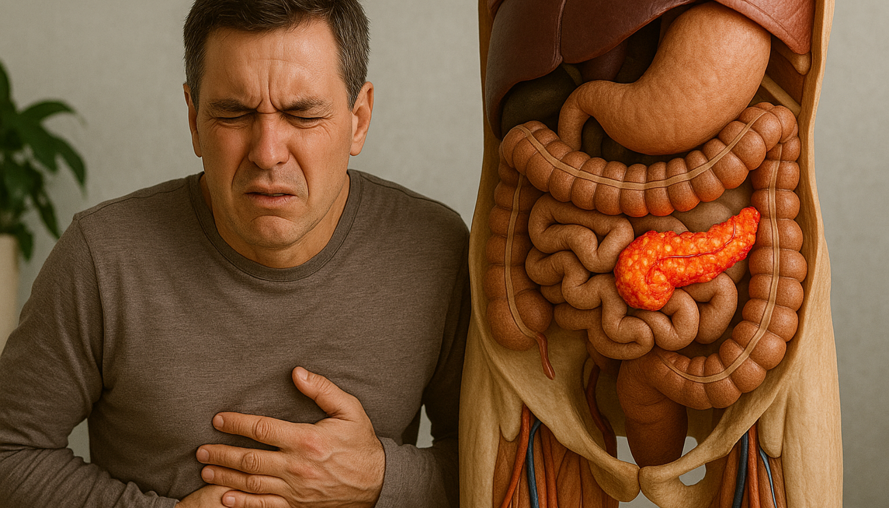 Mann med sterke magesmerter holder magen. Ved siden av vises et anatomibilde med betent bukspyttkjertel i fordøyelsessystemet.