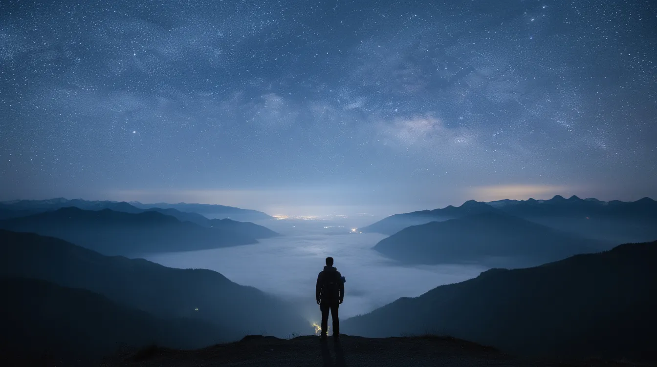 A solitary person stands at the edge of a mountain overlook, gazing in wonder at a vast landscape illuminated by a starry sky. This scene evokes a sense of curiosity and spiritual discipline, inviting contemplation of the world and the mysteries of life under God's creation.