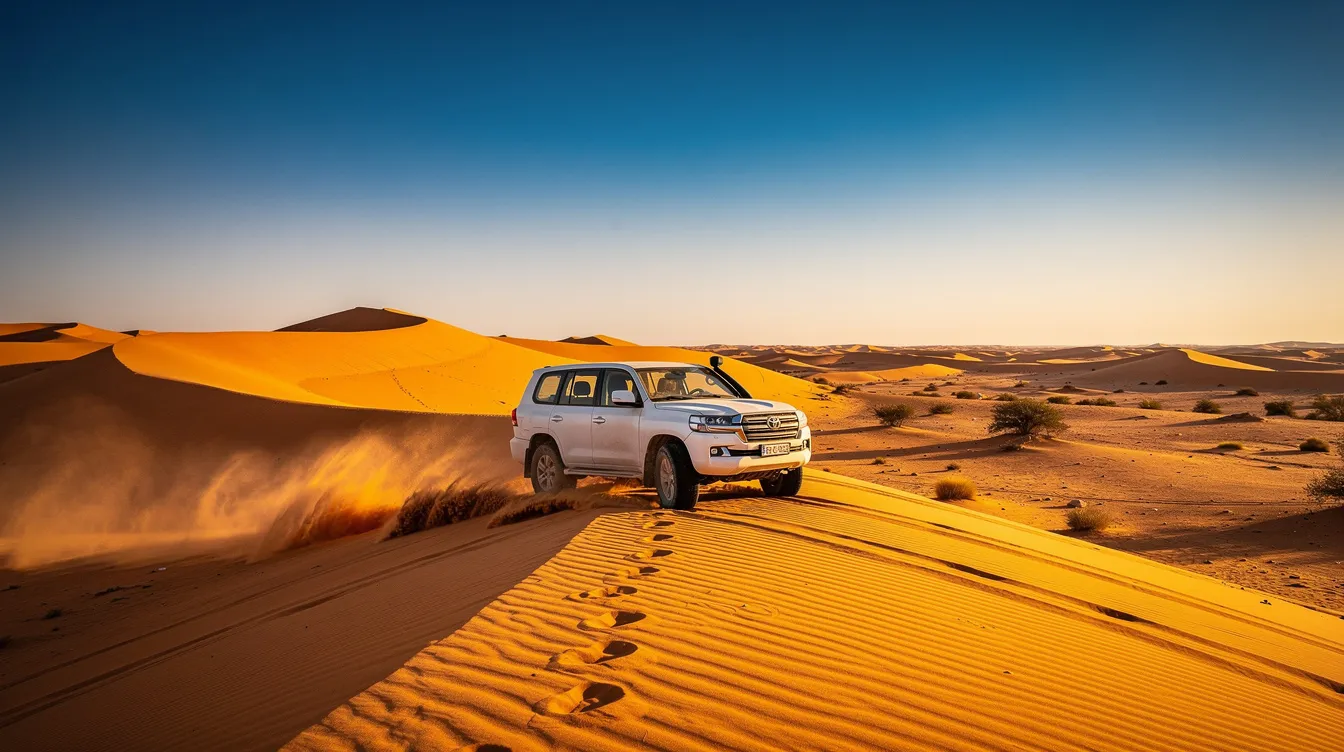 Un vehículo 4x4 blanco avanza por las dunas de arena dorada del desierto del Sahara marroquí, bajo un cielo azul despejado. La imagen transmite una sensación de aventura y exploración en un entorno natural impresionante.