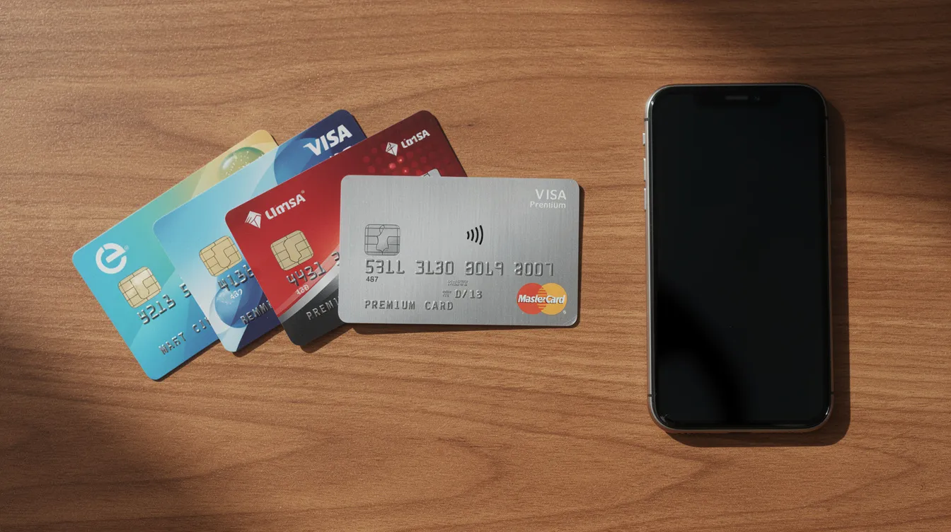 The image features a variety of credit cards alongside a smartphone, all neatly arranged on a wooden desk. This setup suggests a focus on online financial transactions, possibly related to betting sites in South Africa, where users can explore sports betting options and manage their accounts.