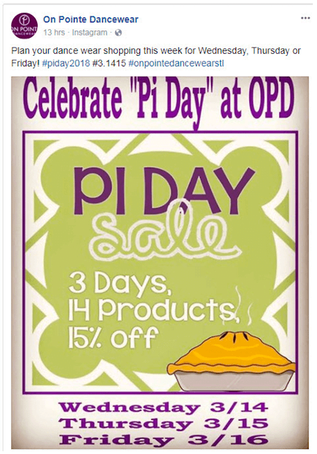 Marketing calendar used to promote a Pi Day sale in March on social media (Facebook). 3 Days, 14 Products, 15% off 