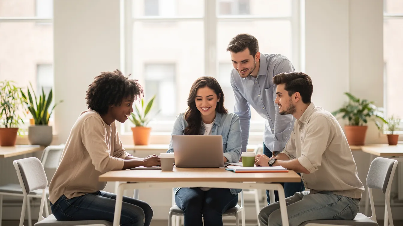 Une petite équipe collabore autour d'un ordinateur portable dans un espace de travail moderne.